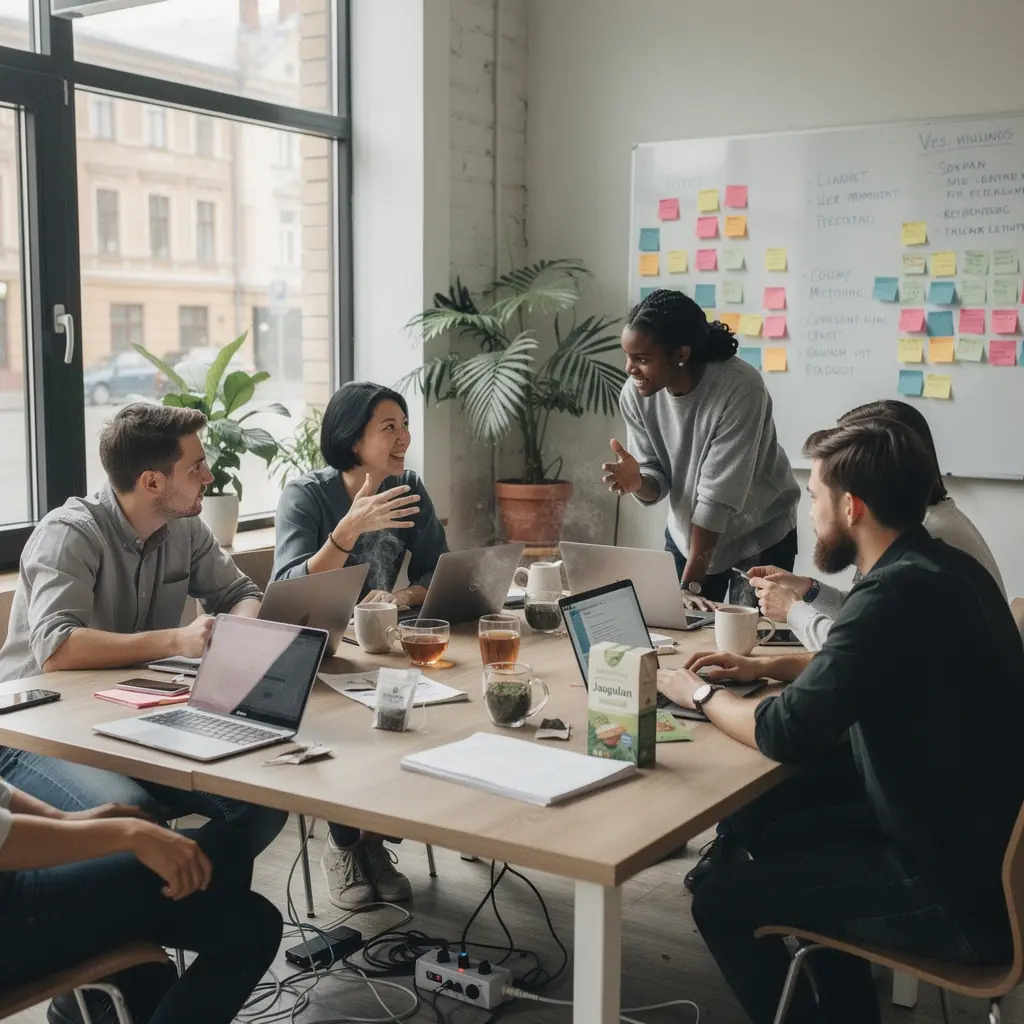 Pora puodelių šviežiai paruoštos arbatos su žolelių lapais.