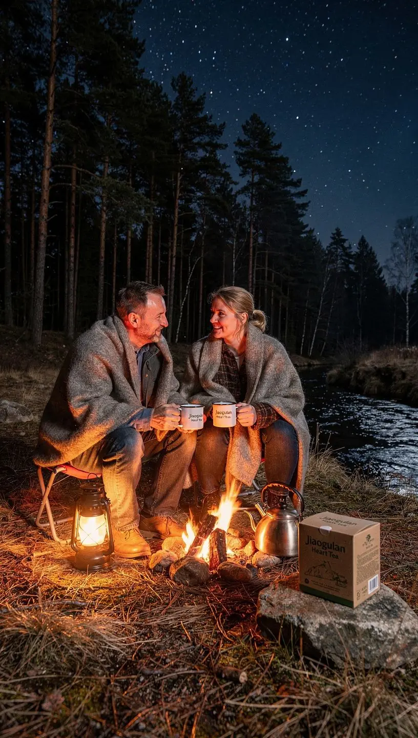 Pora puodelių arbatos, šalia šviežių ginseno šaknų, simbolizuojančių energiją ir sveikatą.