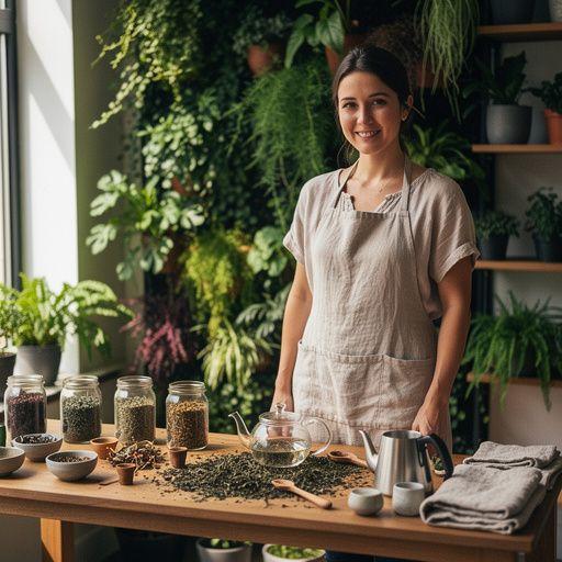 Arbatos puodelis su garuojančia arbata, aplinkui žolelės ir akmenukai.